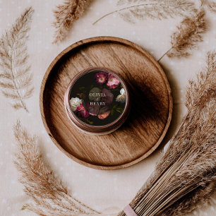 Sfeervolle bloemige bruiloft donkere romantiek zwa ronde sticker