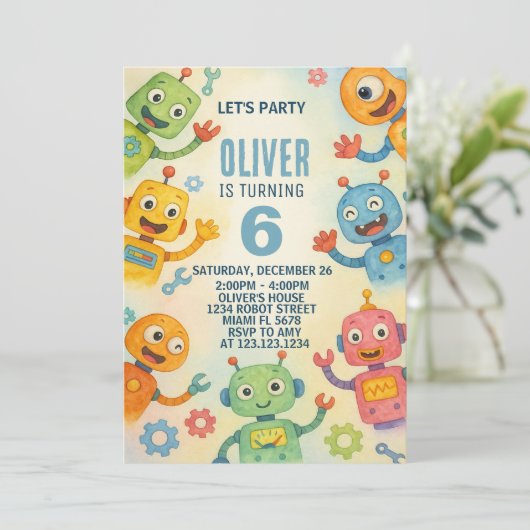 Sfeervolle robot verjaardagsuitnodiging voor kinde kaart (Staand voorkant)