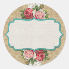Sfeervolle rozen op antieke kant en rustieke jute ronde sticker