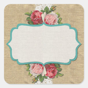 Sfeervolle rozen op vintage kant en rustieke jute vierkante sticker