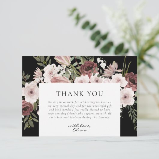 Sfeervolle Stof Rose Bloemige Bruidsdouche Bedankkaart (Staand voorkant)