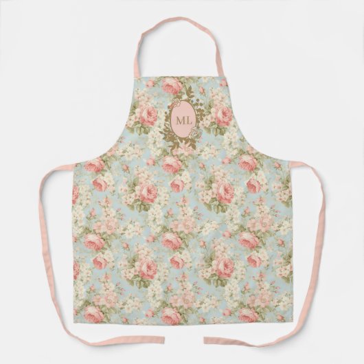 Sfeervolle Vintage Roze Rozen Bloemige Monogram Schort (Voorkant)