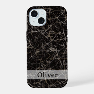 Sfeervolle Zwarte Marmeren Steen Textuur & Aangepa iPhone 15 Case