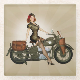 Sgt. Davidson Army Motorcycle Pinup Dank u kaart Glazen Onderzetter