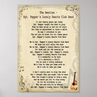 Sgt Pepper's Lonely Hearts Club Band Song Lyric Poster