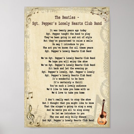 Sgt Pepper's Lonely Hearts Club Band Song Lyric Poster (Voorkant)