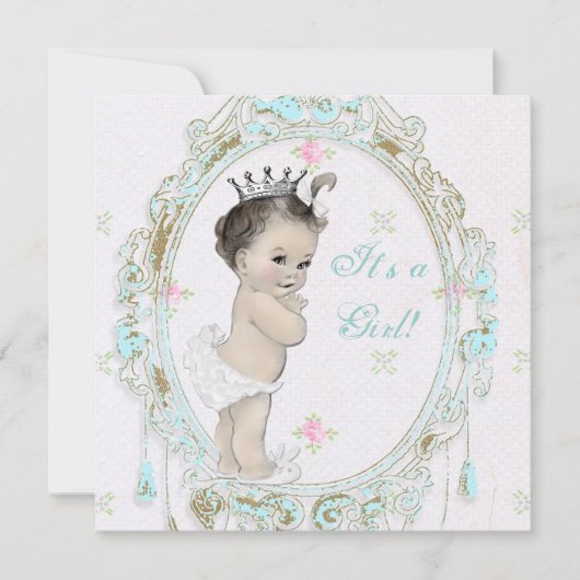 Shab Chic Blauwgroen Blue Princess Baby shower Kaart (Voorkant)