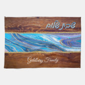 Shabbat Shalom Blue Marble on Wood Effect Theedoek (Horizontaal)