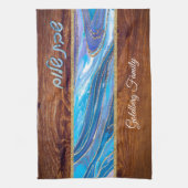 Shabbat Shalom Blue Marble on Wood Effect Theedoek (Verticaal)