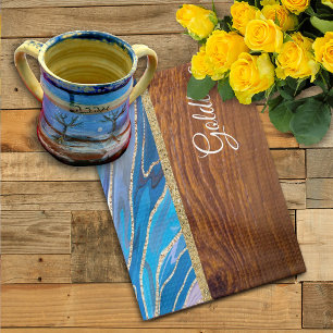 Shabbat Shalom Blue Marble on Wood Effect Theedoek