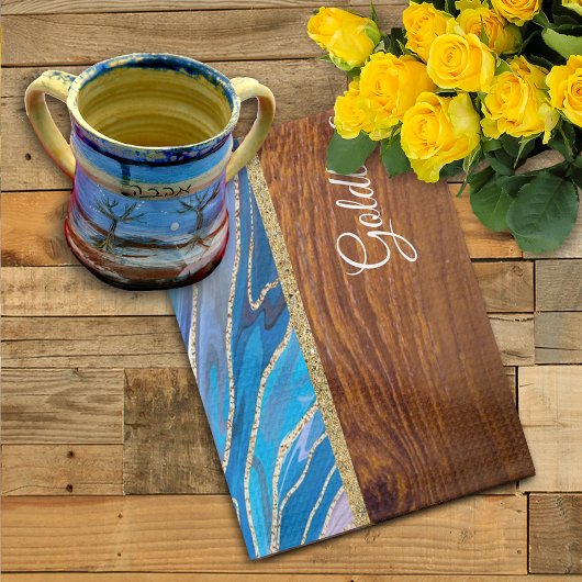 Shabbat Shalom Blue Marble on Wood Effect Theedoek