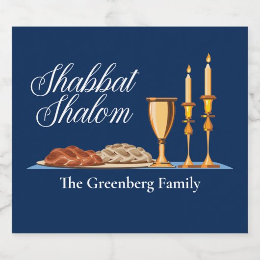 Shabbat Shalom Custom Blue Sabbat Dinner Sparkling Wijnetiket (Enkel label)