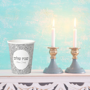 Shabbat Shalom Elegant White en Silver Glitter Papieren Bekers
