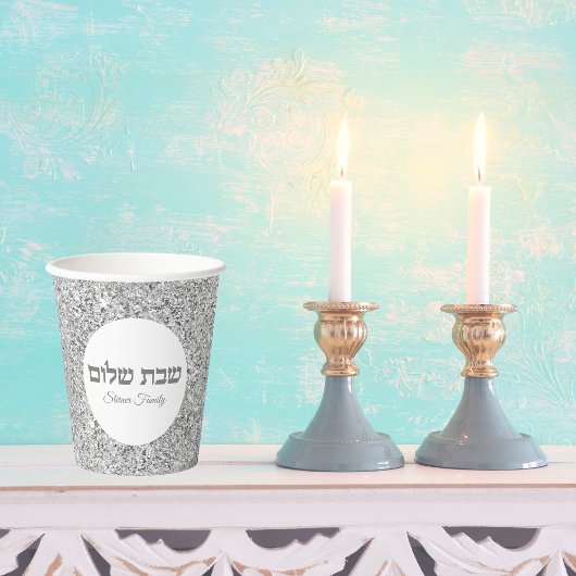 Shabbat Shalom Elegant White en Silver Glitter Papieren Bekers
