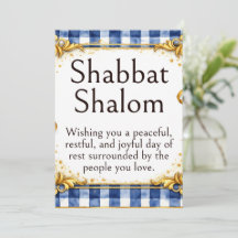 Shabbat Shalom Groet, Gingham Blauw Wit Goud