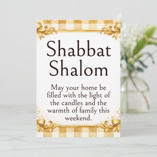 Shabbat Shalom Groet, Gingham Bruin Wit Goud Kaart (Staand voorkant)