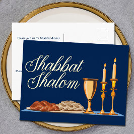 Shabbat Shalom Jewish Dinner Navy Blue Gold Folie Feestdagen Briefkaart