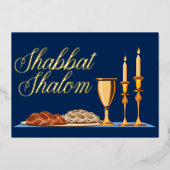 Shabbat Shalom Jewish Dinner Navy Blue Gold Folie Uitnodiging (Voorkant)