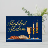 Shabbat Shalom Jewish Dinner Navy Blue Gold Folie Uitnodiging (Staand Voorkant)