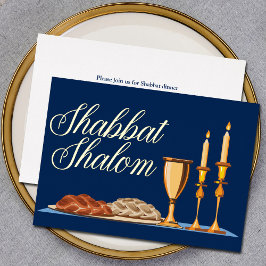 Shabbat Shalom Jewish Dinner Navy Blue Gold Folie Uitnodiging
