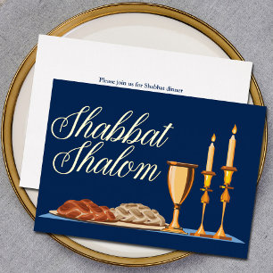 Shabbat Shalom Jewish Dinner Navy Blue Gold Folie Uitnodiging