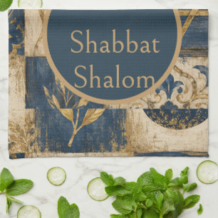 Shabbat Shalom Keukenhanddoek, Navy Blauwe Gouden Theedoek
