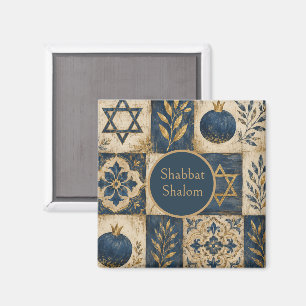 Shabbat Shalom Keukenmagneet, Marineblauw Goud  Magneet