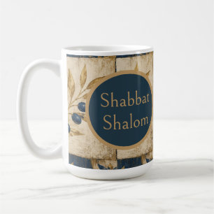 Shabbat Shalom mok - Blauw Goud Judaica Rustiek