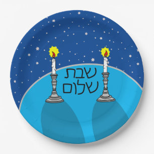 Shabbat Shalom Paper-Borden - Blauwe achtergrond Papieren Bordje