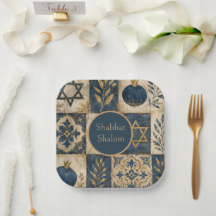 Shabbat Shalom papieren bord, marineblauw goud jod Bordje