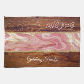 Shabbat Shalom Red Marble on Wood Effect Theedoek (Horizontaal)