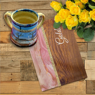 Shabbat Shalom Red Marble on Wood Effect Theedoek