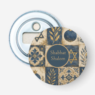Shabbat Shalom Ronde Knop Patch, Blauw Goud Button Flesopener