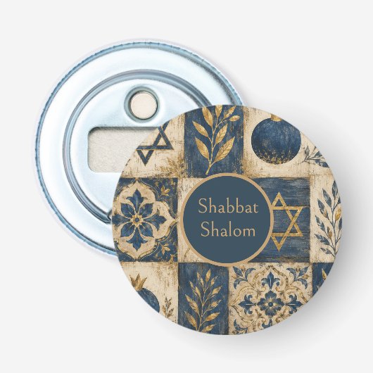 Shabbat Shalom Ronde Knop Patch, Blauw Goud  Button Flesopener (Voorkant)