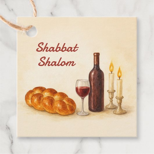 Shabbat Shalom Watercolor Challah, Wine & Candles Bedankjes Labels (Voorkant)