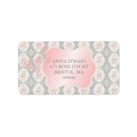 Shabby Antiek Roses Damask Butterfly Etiket (Voorkant)
