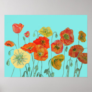 Shabby Aqua Oranje Red Waterverf Poppy art Poster