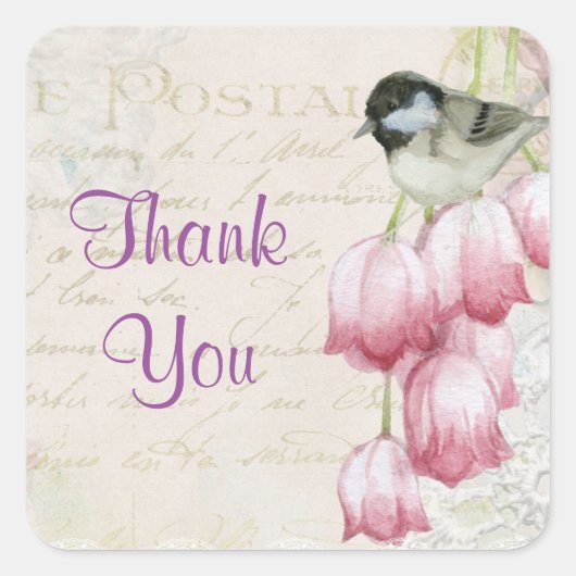 Shabby  Bird and Flowers Bedankt Vierkante Sticker (Voorkant)