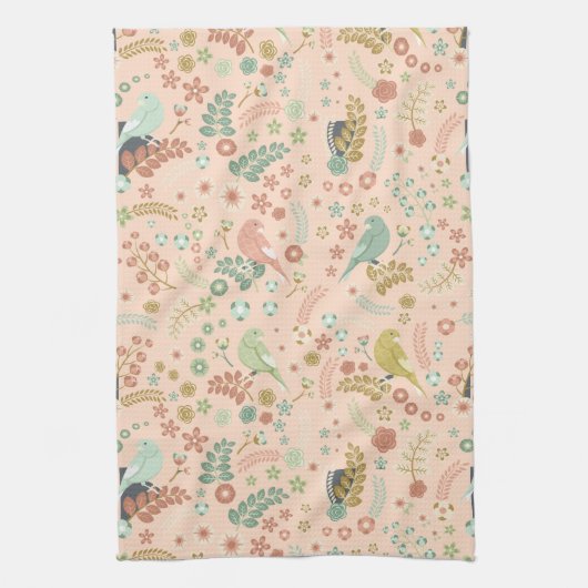 Shabby Birds & Branches Pastel Salmon Theedoek (Verticaal)