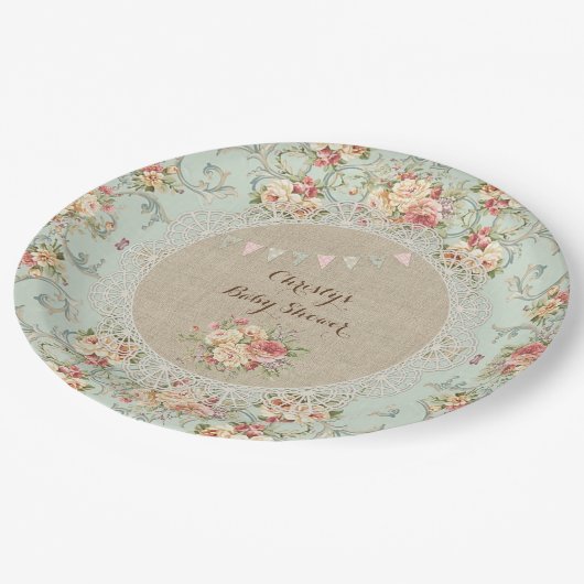 Shabby Bloemen Burlap Lace Custom Papieren Bordje (Gekanteld)