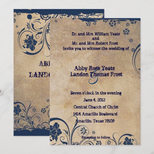Shabby Blue Lace en Parchment Wedding Invitations Kaart (Voorkant / Achterkant)