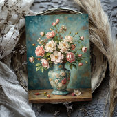  shabby blush rozen boeket in blauw vaas tissuepapier