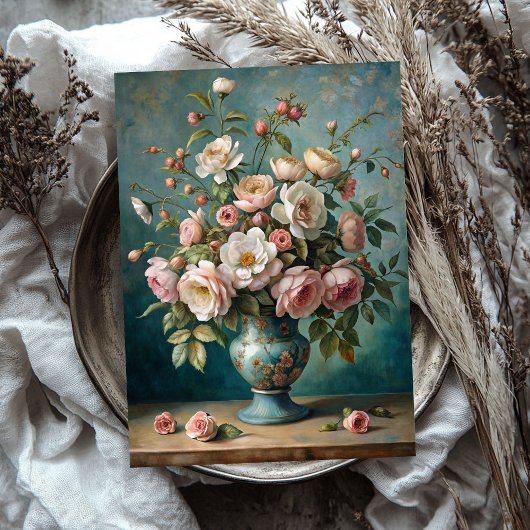shabby blush rozen boeket in blauw vaas tissuepapier