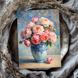 shabby blush rozen boeket in blauw vaas tissuepapier