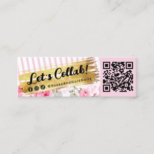 Shabby Blush Waterverf Rozen & Gold Influencer QR Mini Visitekaartje (Voorkant)