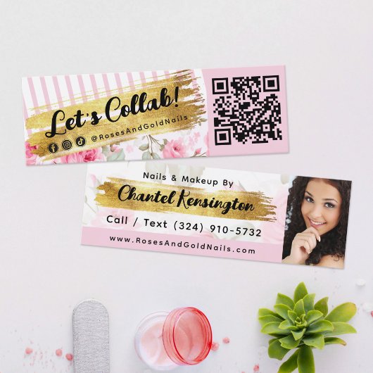 Shabby Blush Waterverf Rozen & Gold Influencer QR Mini Visitekaartje