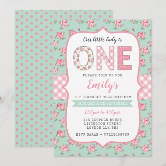 Shabby Chic 1e verjaardag uitnodiging (Voorkant / Achterkant)