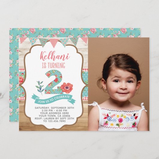 Shabby Chic 2e verjaardag uitnodiging met foto (Voorkant / Achterkant)