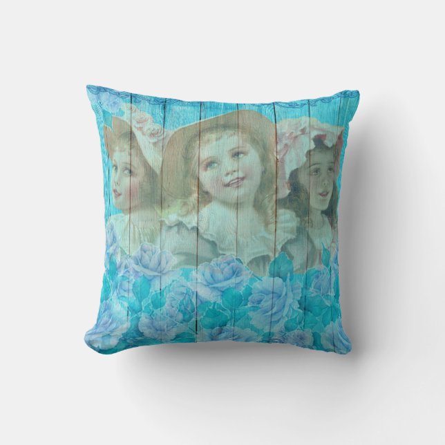 Shabby Chic 3 Little Victoriaans Girls Floral Kussen (Voorkant)