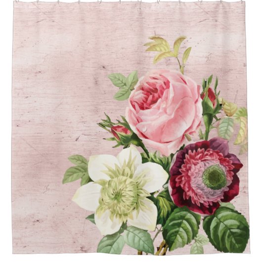 Shabby Chic Antiek Rozen op Blush Douchegordijn (Voorkant)